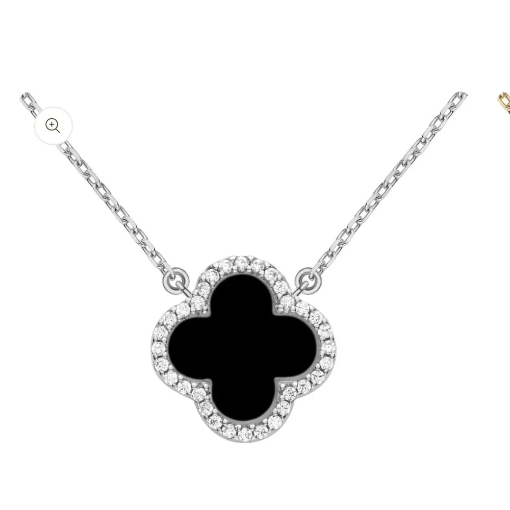 Black Agate 4 Leaf Charm Necklace Sterling Silver 925 CZ Halo Pendant 16-18in